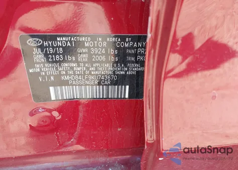 2019 Hyundai Elantra Sel z USA, uszkodzony, nr VIN KMHD84LF9KU743670